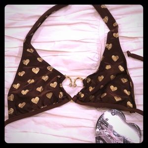 Beach Bunny Brown with gold hearts swimsuit top